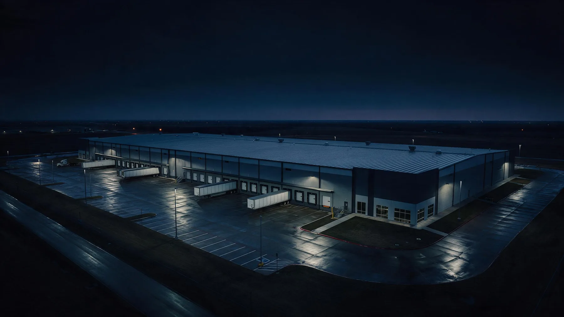 Industrial distribution facility with lit loading docks at blue hour