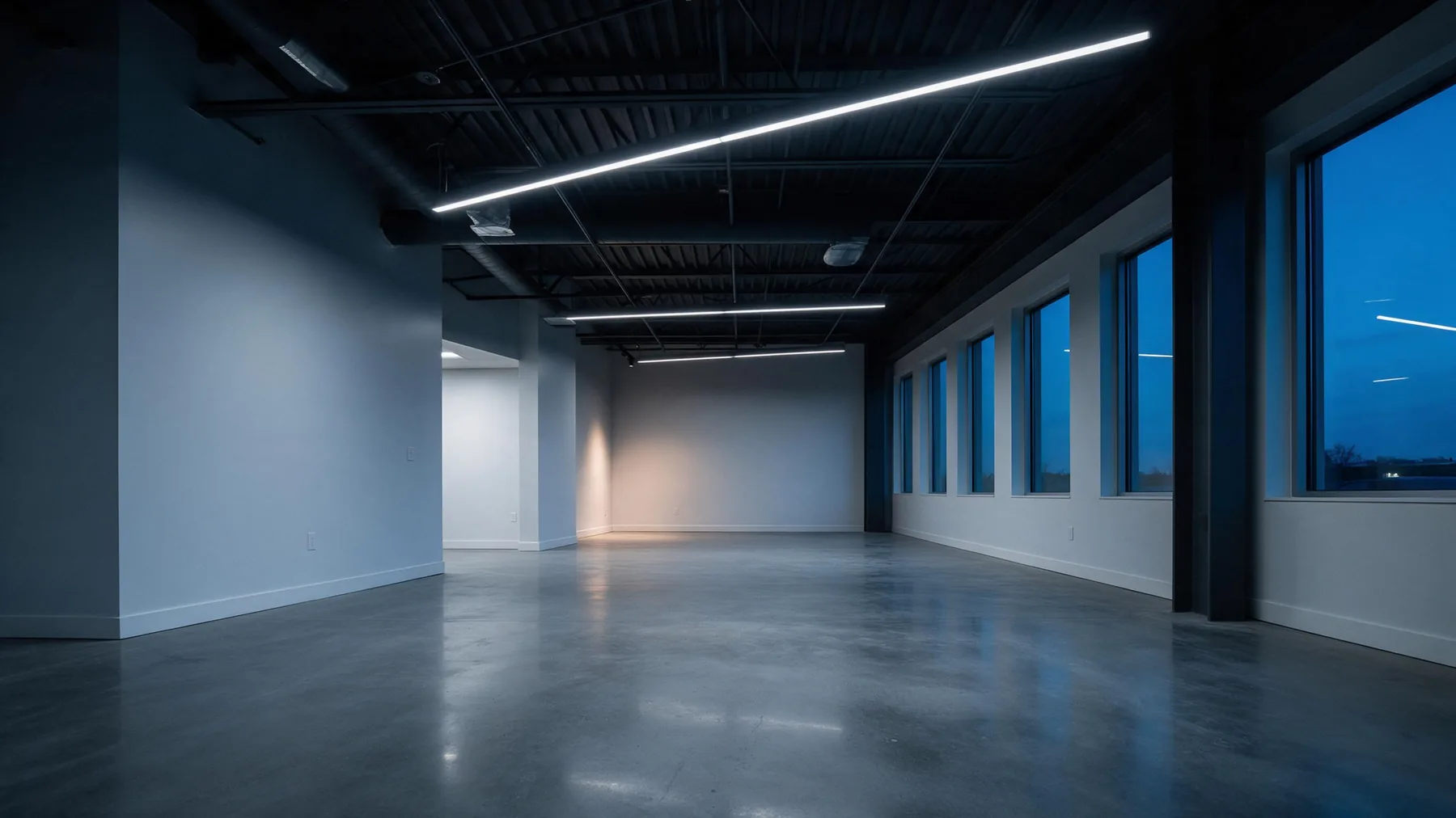 Newly completed commercial tenant build-out at dusk with polished concrete floors and new linear lighting